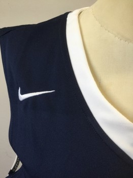 NIKE DRI FIT, Navy Blue, White, Polyester, Color Blocking, Navy with White V-neck, White Panels at Sides with Navy Stripes, Sleeveless, "3" at Front and Back