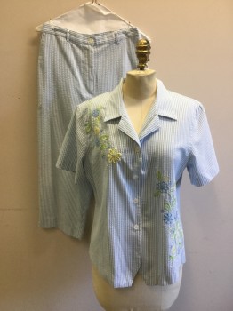 ALFRED DUNNER, Lt Blue, White, Poly/Cotton, Stripes, Floral, Shirt- Searsucker with Lemon Green & Blue Floral Embroidery Detail at Front, Open Collar, Short Sleeves, Button Front,
