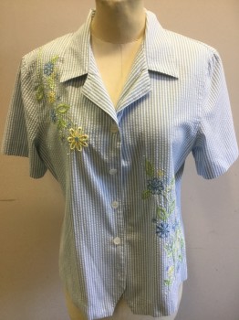 ALFRED DUNNER, Lt Blue, White, Poly/Cotton, Stripes, Floral, Shirt- Searsucker with Lemon Green & Blue Floral Embroidery Detail at Front, Open Collar, Short Sleeves, Button Front,