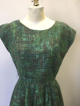 N/L, Green, Brown, Cotton, Abstract , Green with Brown Crosshatched Lines Abstract Pattern, Cap Sleeve, Scoop Neck, Pleated Skirt, Just Below Knee Length, Late 1950's