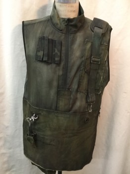 NT DRI, Olive Green, Nylon, Cotton, Solid, (Aged/Distressed)  Olive, Collar Attached, 12" Zip Front, Shoulder Pad, Straps, Buckle Detail, Side Zipper Bottom Half Front, Gray Netting Lining, Strap & Metal Hook Back, Black Trim on Arm Holes