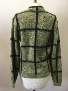 GLEN DEE, Olive Green, Black, Acrylic, Mohair, Check , Fuzzy Cardigan, Long Sleeves, Ribbed Knit Cuff/Waistband, Button Front, Solid Black Trim