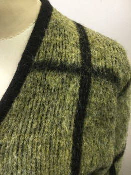 GLEN DEE, Olive Green, Black, Acrylic, Mohair, Check , Fuzzy Cardigan, Long Sleeves, Ribbed Knit Cuff/Waistband, Button Front, Solid Black Trim