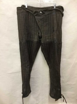 Tirelli Roma, Dk Brown, Cotton, Solid, Wrap Around Tie Waist, Padded Sewn Stripes, Open Crotch Front, Coated Stripes Pieces Lower Leg Appear As Leather, Side Slit Hem with Tie, DOUBLE