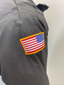 FLYING CROSS, Dk Brown, Nylon, Polyester, Solid, Dark Brown with Light Khaki and Pea Green "Sheriff" Patch on Left Arm, USA Flag Patch on Right Arm, Zip Front, 4 Pockets with Gold Buttons on 2, Gold Button on Epaulettes, Elastic Cuffs and Waistband, No Liner