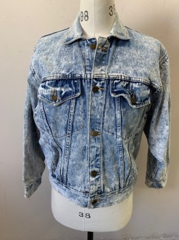 EAST WEST, Lt Blue, White, Cotton, Mottled, Acid Wash, Denim Jean Jacket, Button Front, 2 Flap Pocket, 2 Pockets on Seams, Wide Armseye, Box Pleat Back, Wide Back Waistband, with Button Tabs, Clean with a Little Aging, One Rust Spot