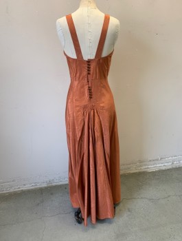N/L, Rust Orange, Silk, Solid, Moire, Faille, 1" Wide Straps, Inverted V Shape Seam at Empire Waist, Gathered at Center Front Bust, Floor Length, Brown Rose Shaped Buttons Down Back, Old Hollywood Glamour