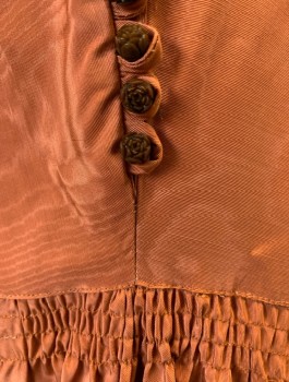 N/L, Rust Orange, Silk, Solid, Moire, Faille, 1" Wide Straps, Inverted V Shape Seam at Empire Waist, Gathered at Center Front Bust, Floor Length, Brown Rose Shaped Buttons Down Back, Old Hollywood Glamour