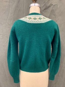 GARLAND, Dk Green, White, Wool, Fair Isle, Solid Green with White/Green Fair isle Neck, Button Front, Long Sleeves, Ribbed Knit Neck/Waistband/Cuff *1 Missing Button*