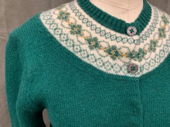 GARLAND, Dk Green, White, Wool, Fair Isle, Solid Green with White/Green Fair isle Neck, Button Front, Long Sleeves, Ribbed Knit Neck/Waistband/Cuff *1 Missing Button*
