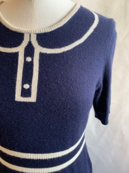 BROOKS BROS, Navy Blue, White, Cashmere, Novelty Pattern, Navy Sweater Dress, White Ribbed Knit Scoop Neck, White Knit Faux Collar and Placket, White/Navy Stripe Ribbed Knit Waistband