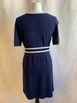 BROOKS BROS, Navy Blue, White, Cashmere, Novelty Pattern, Navy Sweater Dress, White Ribbed Knit Scoop Neck, White Knit Faux Collar and Placket, White/Navy Stripe Ribbed Knit Waistband