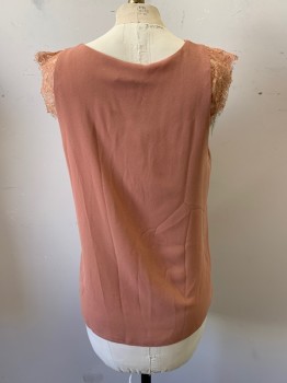 NAKED ZEBRA, Dusty Rose Pink, Polyester, V-neck, Pullover, Cap Sleeves, Lace Trim at Center Bust & on Sleeves