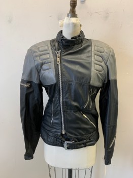 N/L, Black, Lt Gray, Leather, Color Blocking, Zip Front, 5 Zip Pockets, Self Belt, Quilting & Padded, Collar Band, Zipper Cuffs, Motorcycle Jacket