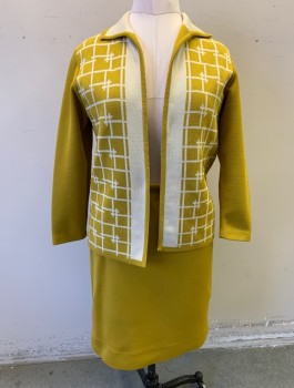 N/L, Mustard Yellow, Cream, Polyester, Geometric, Solid, Jacket, Knit, Crosshatched Pattern at Front Torso, Solid Mustard Long Sleeves, Cream Collar Attached, Open Front with No Closures, Boxy Fit,