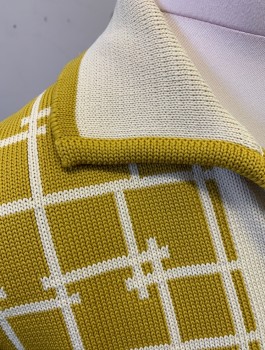 N/L, Mustard Yellow, Cream, Polyester, Geometric, Solid, Jacket, Knit, Crosshatched Pattern at Front Torso, Solid Mustard Long Sleeves, Cream Collar Attached, Open Front with No Closures, Boxy Fit,