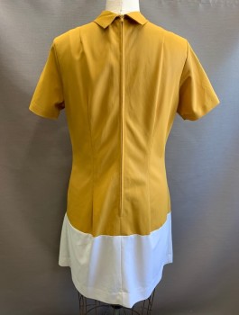 IMPERIAL UNIFORMS, Mustard Yellow, White, Synthetic, Solid, Short Sleeves, Mock Neck, Dropped Waist with White Pleated Bottom, 2 Circle Cutout Pockets with White Background at Hips, Shift Dress, Above Knee Length, Mod Style, Late 1960's Mod