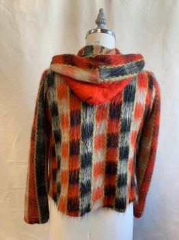 NL, Red, Yellow, Black, Gray, Wool, Stripes, Check , Striped Front and Sleeves, Checked Back, Hood, Knit with Semi Fur, Button Front, Patch Pockets