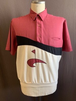 ALAN STUART, Raspberry Pink, White, Black, Cotton, Color Blocking, Field/Pole & Flag on Front, C.A., 1/4 Button Front, 1 Breast Pocket, S/S