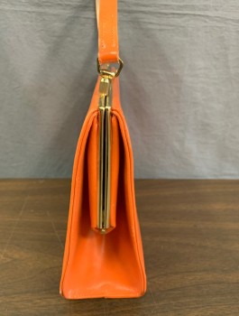 N/L, Orange, Leather, Solid, Rectangular Handbag, Gold Clasp, 1/2" Wide Self Strap, Cream Leather Lining, in Good Condition, Though Leather on Strap is a Bit Cracked