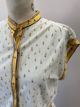 BARDO FASHION, White, Goldenrod Yellow, Caramel Brown, Dk Brown, Synthetic, Floral, Stripes, Slvls, Half Button Front, Band Collar, Small Tulip Print, Plastic Buttons, With Belt