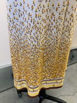 BARDO FASHION, White, Goldenrod Yellow, Caramel Brown, Dk Brown, Synthetic, Floral, Stripes, Slvls, Half Button Front, Band Collar, Small Tulip Print, Plastic Buttons, With Belt