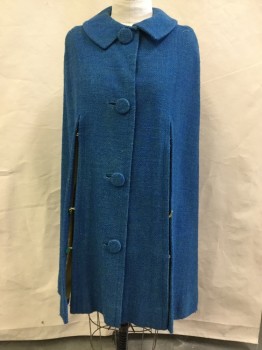 N/L, Turquoise Blue, Green, Wool, 2 Color Weave, Tweed, 4 Buttons,  Collar Attached, 2 Front Slits with Button Loop Closures, Darts at Front and Back Shoulders