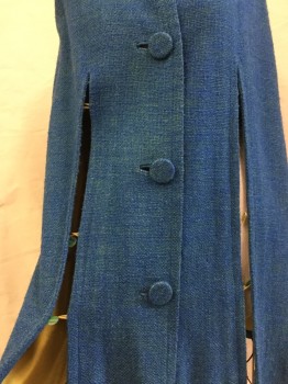 N/L, Turquoise Blue, Green, Wool, 2 Color Weave, Tweed, 4 Buttons,  Collar Attached, 2 Front Slits with Button Loop Closures, Darts at Front and Back Shoulders