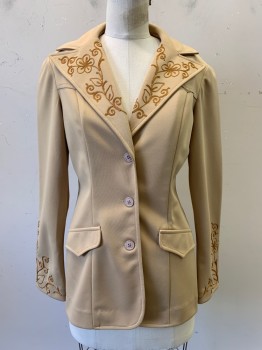 H BarC, Khaki Brown, Caramel Brown, Polyester, Solid, L/S, 3 Buttons, Peaked Lapel, 2 Pockets, Embroiderred Vine and Flowers on Collar/ Sleeves, Vertical Seams