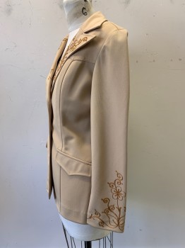 H BarC, Khaki Brown, Caramel Brown, Polyester, Solid, L/S, 3 Buttons, Peaked Lapel, 2 Pockets, Embroiderred Vine and Flowers on Collar/ Sleeves, Vertical Seams