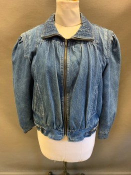 SERGIO VALENTE, Denim Blue, Cotton, 1980s, High Neck, Can Be Folded Down to Collar, Pleated Front, Zip Front, L/S, Sherpa Lining