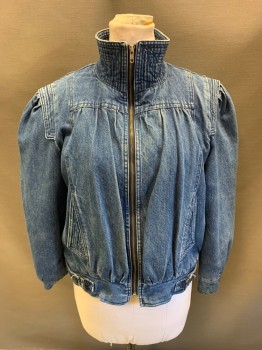 SERGIO VALENTE, Denim Blue, Cotton, 1980s, High Neck, Can Be Folded Down to Collar, Pleated Front, Zip Front, L/S, Sherpa Lining