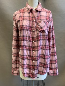 ABERCROMBIE, Pink, Gray, Mauve Pink, Viscose, Polyester, Plaid, Flannel, Long Sleeves, Button Front, Collar Attached, 1 Patch Pocket