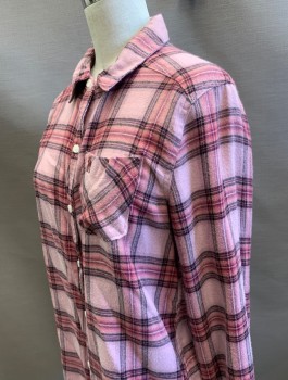ABERCROMBIE, Pink, Gray, Mauve Pink, Viscose, Polyester, Plaid, Flannel, Long Sleeves, Button Front, Collar Attached, 1 Patch Pocket