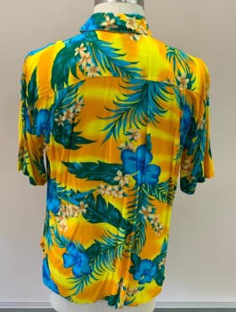 BLUE SKY, Lemon Yellow, Turquoise Blue, Orange, Dk Green, Tan Brown, Rayon, Hawaiian Print, C.A., Button Front, S/S, 1 Front Pocket, Coconut Shell Buttons