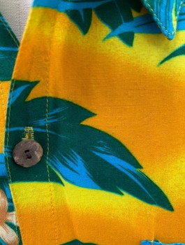 BLUE SKY, Lemon Yellow, Turquoise Blue, Orange, Dk Green, Tan Brown, Rayon, Hawaiian Print, C.A., Button Front, S/S, 1 Front Pocket, Coconut Shell Buttons