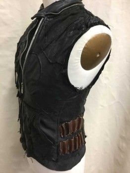 JUNKER DESIGNS, Black, Brown, Leather, Metallic/Metal, Black Panelled Leather, Zip Front, Brown Leather Compartments At Side, Self Horizontal Straps In Back W/Silver Metal O Rings And Lobster Claw Closures, Rusted Metal Grommets