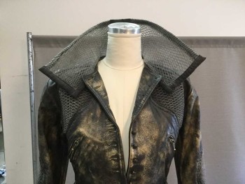 MTO, Dk Brown, Khaki Brown, Gray, Faux Leather, Synthetic, Mottled, Science Fiction Tail Coat. Faux Brass Buttons Center Front. Gray Filter Mesh Collar and Inserted Panels. Tabs with Velcro on Back Waist. Coat is Mottled All Over with Burnt Amber