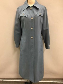 FORCASTER OF BOSTON, Slate Blue, Polyester, Solid, Single Breasted, 4 Gray Buttons At Center Front, (**There Was 6 Buttons, But Missing Two) Diagonally Curved Yoke At Shoulders W/2 Faux "Pockets", 2 Pockets At Hips, Belt Loops, (But No Belt Included)