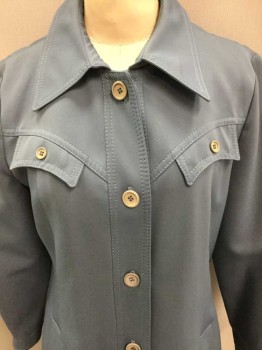 FORCASTER OF BOSTON, Slate Blue, Polyester, Solid, Single Breasted, 4 Gray Buttons At Center Front, (**There Was 6 Buttons, But Missing Two) Diagonally Curved Yoke At Shoulders W/2 Faux "Pockets", 2 Pockets At Hips, Belt Loops, (But No Belt Included)