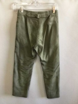 N/L, Olive Green, Cotton, Solid, Cotton Moleskin, Aged. Black Buttons at Fly. Suspender Buttons Inside Waist. Adjustable Back Waist, 2 Pockets at Side Seam. Narrow Pant Leg
