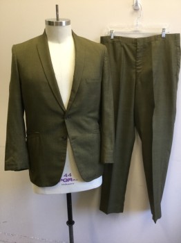 SEARS, Olive Green, Brown, Dk Green, Wool, Glen Plaid, With Micro-check, Single Breasted, Thin Lapel with Thin Top Panel, 2 Buttons,  3 Pockets, Solid Green Lining,