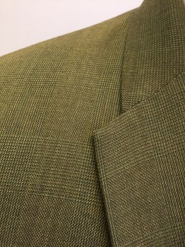 SEARS, Olive Green, Brown, Dk Green, Wool, Glen Plaid, With Micro-check, Single Breasted, Thin Lapel with Thin Top Panel, 2 Buttons,  3 Pockets, Solid Green Lining,