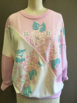 LAPS, Pink, Turquoise Blue, White, Cotton, Polyester, Floral, Geometric, Jersey Knit, CN, Pink with White Diagonal Front Panel, 3/4 Dolman Sleeves, Puffy Paint Floral Design With Geometric Elements, Rib Knit CN/Waist/Cuff