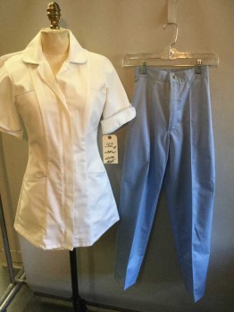 ALEXANDRA, White, Lt Blue, Polyester, Solid, 2 Piece, White with Ltblue Piping Trim, Short Sleeve, Zip Front, Collar Attached, 4 Pockets, with Ltblue Pants, See Photo Attached,