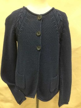 MINI BODEN, Blue, Cotton, Cable Knit, Round Neck,  3 Button Front, 2 Small Pockets Bottom, Cable Knit Raglan Long Sleeves,