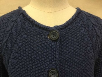 MINI BODEN, Blue, Cotton, Cable Knit, Round Neck,  3 Button Front, 2 Small Pockets Bottom, Cable Knit Raglan Long Sleeves,