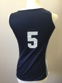 NIKE DRI FIT, Navy Blue, White, Polyester, Color Blocking, Navy with White V-neck, White Panels at Sides with Navy Stripes, Sleeveless, "5" at Front and Back