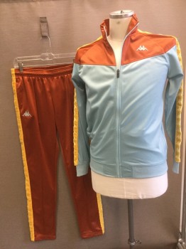 KAPPA, Baby Blue, Rust Orange, Yellow, Polyester, Color Blocking, Human Figure, Baby Blue Solid Bottom Half with Rust at Shoulders and Stand Collar, Yellow Flocked Stripe at Outseam of Sleeve with 2 Sitting Human Figures Back to Back As a Repeating Pattern, Zip Front, 2 Pockets, Light Blue Sitting People Logo on Chest