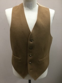 N/L, Camel Brown, Wool, Polyester, Solid, Single Breasted, 5 Buttons, 2 Welt Pockets, Self Diamond and Vertical Stripe Pattern Poly Lining and Back, Belted Back